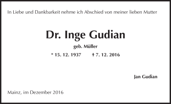 Traueranzeige von Inge Gudian von Trauerportal Rhein Main Presse