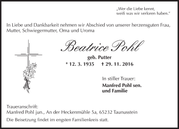 Traueranzeige von Beatrice Pohl von Trauerportal Rhein Main Presse