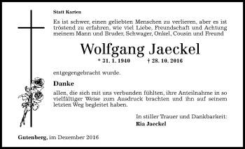 Traueranzeige von Wolfgang Jaeckel von Trauerportal Rhein Main Presse