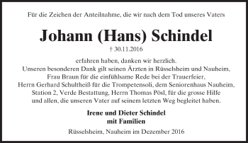 Traueranzeige von Johann Schindel von Trauerportal Rhein Main Presse