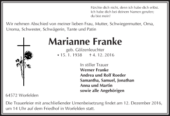 Traueranzeige von Marianne Franke von Trauerportal Echo Online