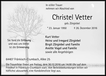 Traueranzeige von Christel Vetter von Trauerportal Echo Online