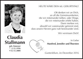 Traueranzeige von Claudia Stallmann von Trauerportal Rhein Main Presse