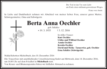 Traueranzeige von Berta Anna Oechler von  Kreisanzeiger