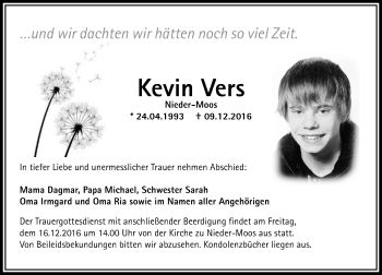 Traueranzeige von Kevin Vers von VRM Trauer