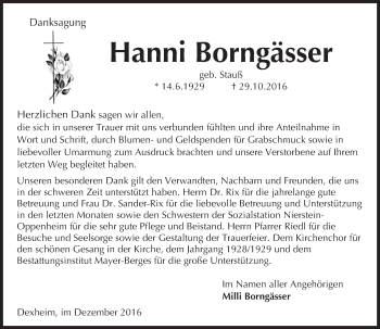 Traueranzeige von Hanni Borngässer von Trauerportal Rhein Main Presse