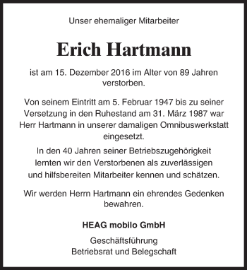 Traueranzeige von Erich Hartmann von Trauerportal Echo Online