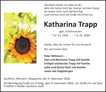 Traueranzeige von Katharina Trapp von Trauerportal Rhein Main Presse