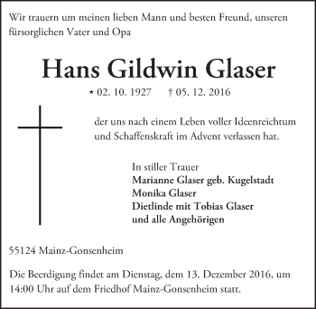 Traueranzeige von Hans Gildwin Glaser von Trauerportal Rhein Main Presse
