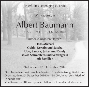 Traueranzeige von Albert Baumann von  Kreisanzeiger