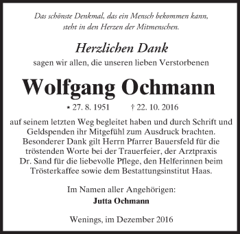 Traueranzeige von Wolfgang Ochmann von  Kreisanzeiger