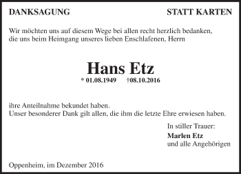 Traueranzeige von Hans Etz von Trauerportal Rhein Main Presse