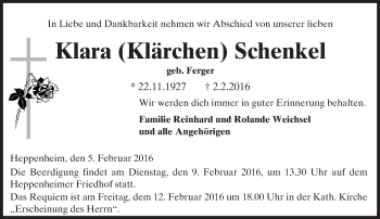 Traueranzeige von Klara Schenkel von trauer.echo-online.de