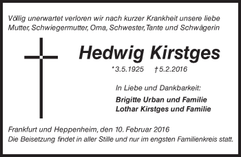 Traueranzeige von Hedwig Kirstges von trauer.echo-online.de