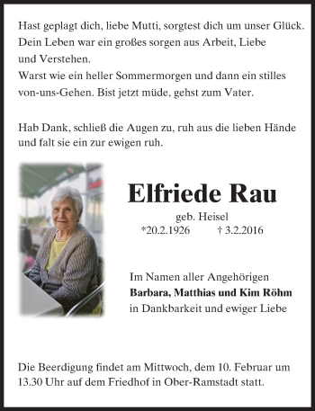 Traueranzeige von Elfriede Rau von trauer.echo-online.de