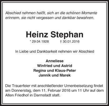 Traueranzeige von Heinz Stephan von trauer.echo-online.de