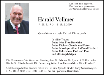 Traueranzeige von Harald Vollmer von trauer.echo-online.de