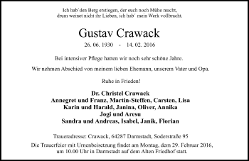 Traueranzeige von Gustav Crawack von trauer.echo-online.de