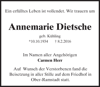 Traueranzeige von Annemarie Dietsche von trauer.echo-online.de