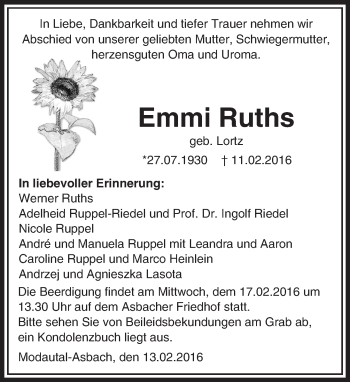 Traueranzeige von Emmi Ruths von trauer.echo-online.de