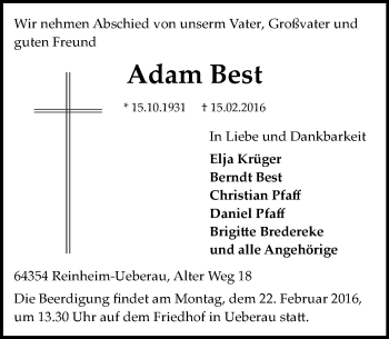 Traueranzeige von Adam Best von trauer.echo-online.de