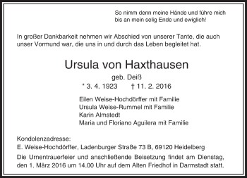 Traueranzeige von Ursula  von Haxthausen von trauer.echo-online.de