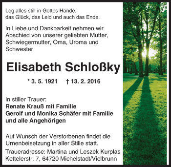 Traueranzeige von Elisabeth Schloßky von trauer.echo-online.de