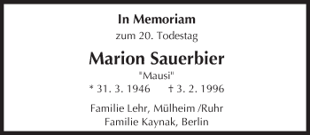 Traueranzeige von Marion Sauerbier von trauer.echo-online.de