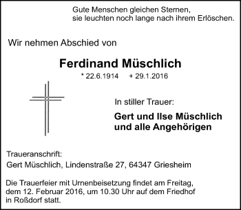 Traueranzeige von Ferdinand Müschlich von trauer.echo-online.de