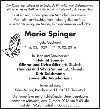 Traueranzeige von Maria Spinger von trauer.echo-online.de