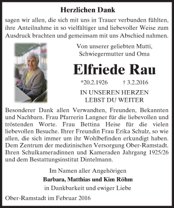 Traueranzeige von Elfriede Rau von trauer.echo-online.de