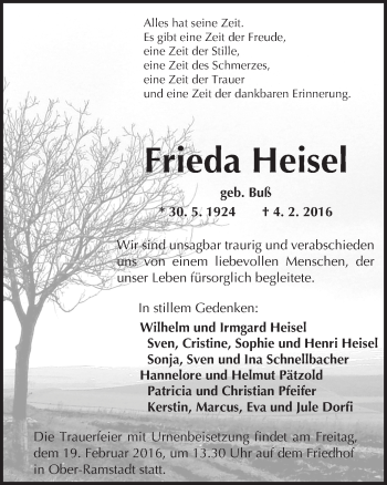 Traueranzeige von Frieda Heisel von trauer.echo-online.de