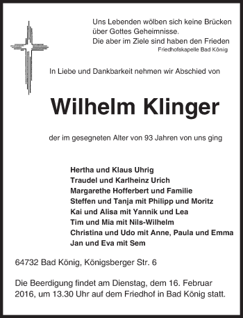 Traueranzeige von Wilhelm Klinger von trauer.echo-online.de