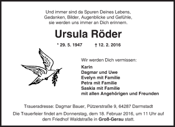 Traueranzeige von Ursula Räder von trauer.echo-online.de