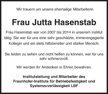 Traueranzeige von Jutta Hasenstab von trauer.echo-online.de