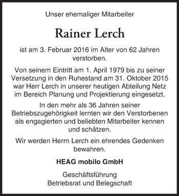 Traueranzeige von Rainer Lerch von trauer.echo-online.de
