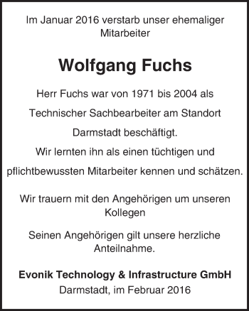 Traueranzeige von Wolfgang Fuchs von trauer.echo-online.de