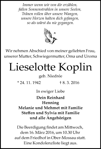 Traueranzeige von Lieselotte Koplin von trauer.echo-online.de