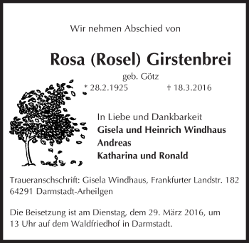 Traueranzeige von Rosa Girstenbrei von trauer.echo-online.de