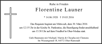 Traueranzeige von Florentine Launer von trauer.echo-online.de