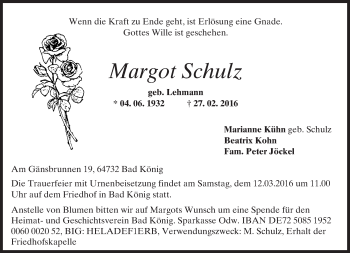 Traueranzeige von Margot Schulz von trauer.echo-online.de