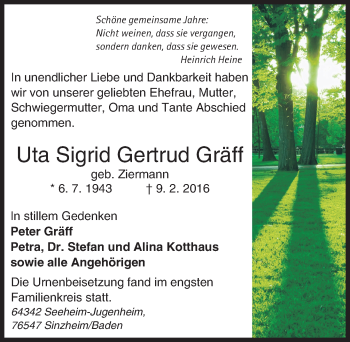 Traueranzeige von Uta Sigrid Gertrud Gräff von trauer.echo-online.de