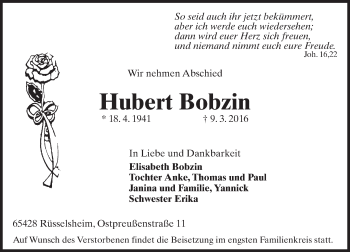 Traueranzeige von Hubert Bobzin von trauer.echo-online.de Traueranzeige von Hubert Bobzin von trauer.echo-online.de