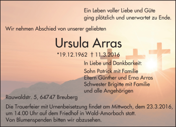 Traueranzeige von Ursula Arras von trauer.echo-online.de