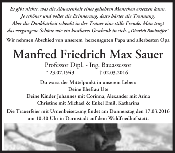Traueranzeige von Manfred Friedrich Max Sauer von trauer.echo-online.de