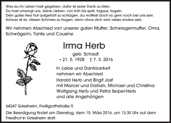 Traueranzeige von Irma Herb von trauer.echo-online.de