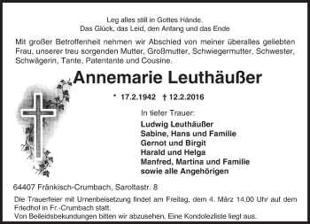 Traueranzeige von Annemarie Leuthäußer von trauer.echo-online.de