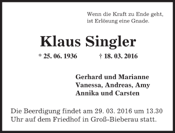 Traueranzeige von Klaus Singler von trauer.echo-online.de