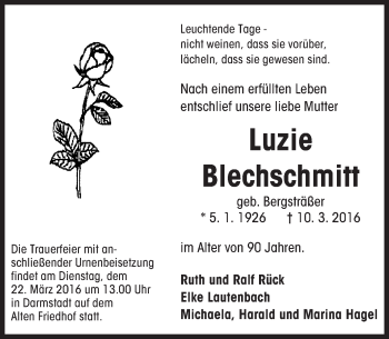 Traueranzeige von Luzie Blechschmitt von trauer.echo-online.de