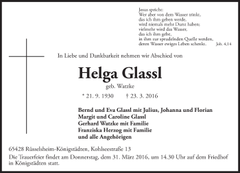 Traueranzeige von Helga Glassl von trauer.echo-online.de Traueranzeige von Helga Glassl von trauer.echo-online.de